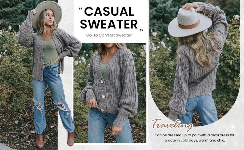 Women's Chunky Knit Open Front Sweater Long SCataloglve Button Loose Short Cardigan Outerwear Coats