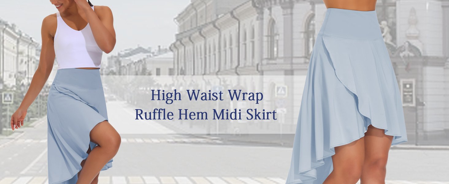 Women's High Waist Wrap Ruffle Hem Asymmetric High Low Flowy Dance Midi Skirt with Shorts 