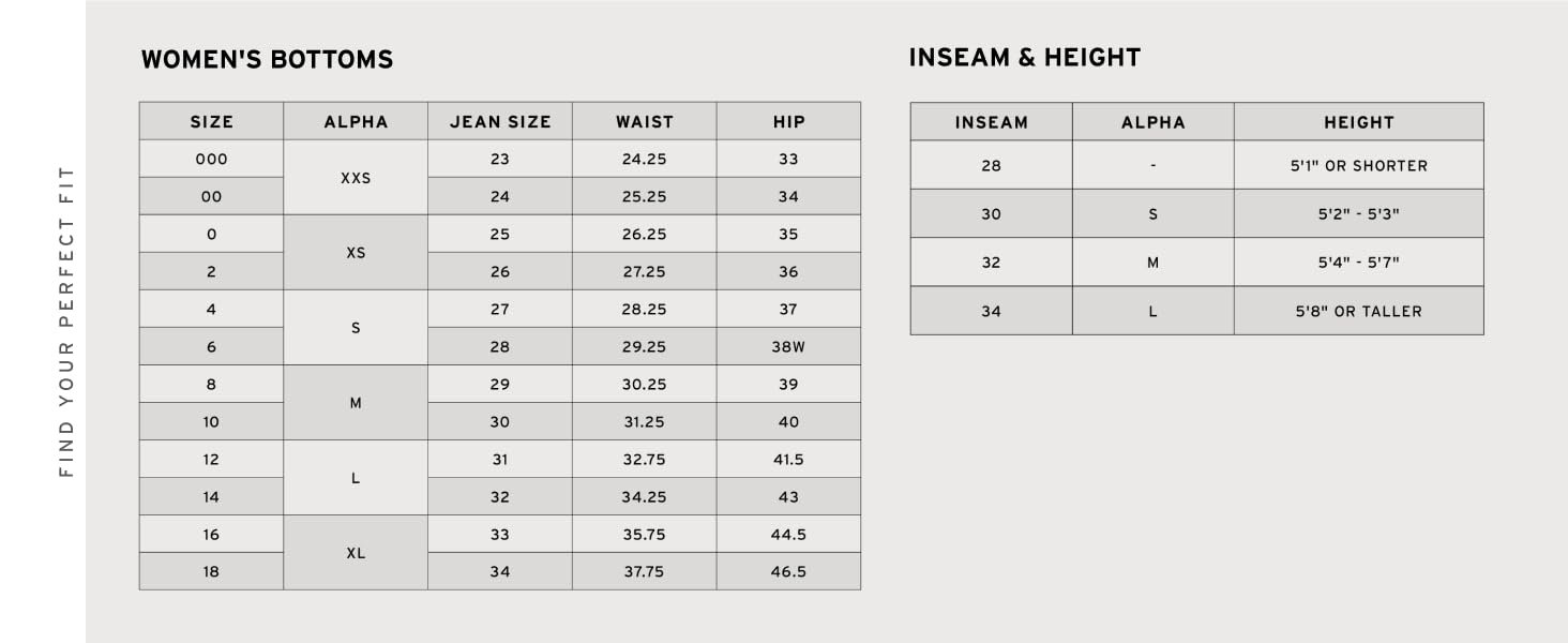 Women's bottoms. Inseam & Height