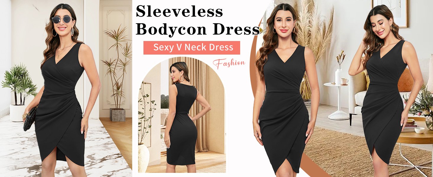 Catalogl 2024 Women's Sexy V Neck Sleeveless Faux Wrap Ruched Sheath Bodycon Cocktail Party Work Dress