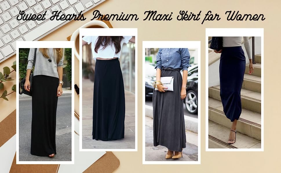 Catalogl premium maxi skirt for women black grey charcoal navy stylish modest A-line Made in USA